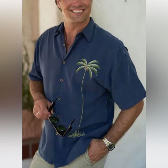 NWT BAMBOO CAY Single Palm Embroidered Polynosic Camp Shirt Navy 4X - Picture 1 of 4